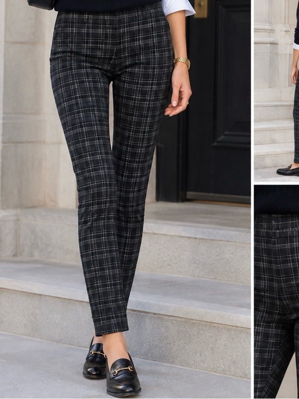 Size 4 Calvin Klein Gray Plaid Flat Front Pull On Stretch Office Ankle Pants